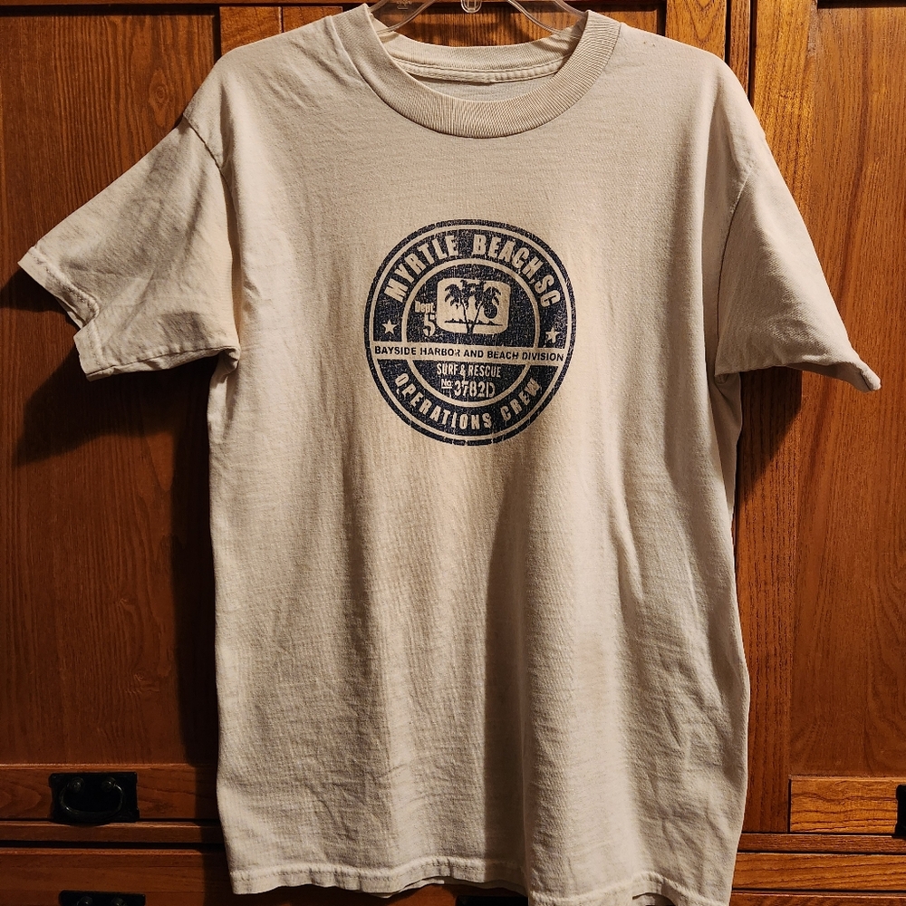 Vintage Myrtle Beach Graphic Tee in Cream and Blue Men's Large cotton Pre-owned